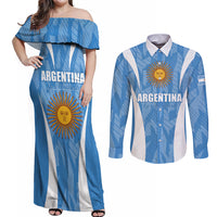 Personalized Argentina 2024 Couples Matching Off Shoulder Maxi Dress and Long Sleeve Button Shirt Vamos La Albiceleste Campeon - Wonder Print Shop