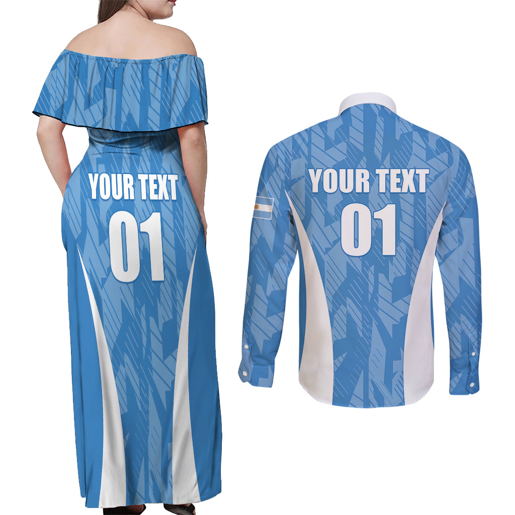 Personalized Argentina 2024 Couples Matching Off Shoulder Maxi Dress and Long Sleeve Button Shirt Vamos La Albiceleste Campeon - Wonder Print Shop