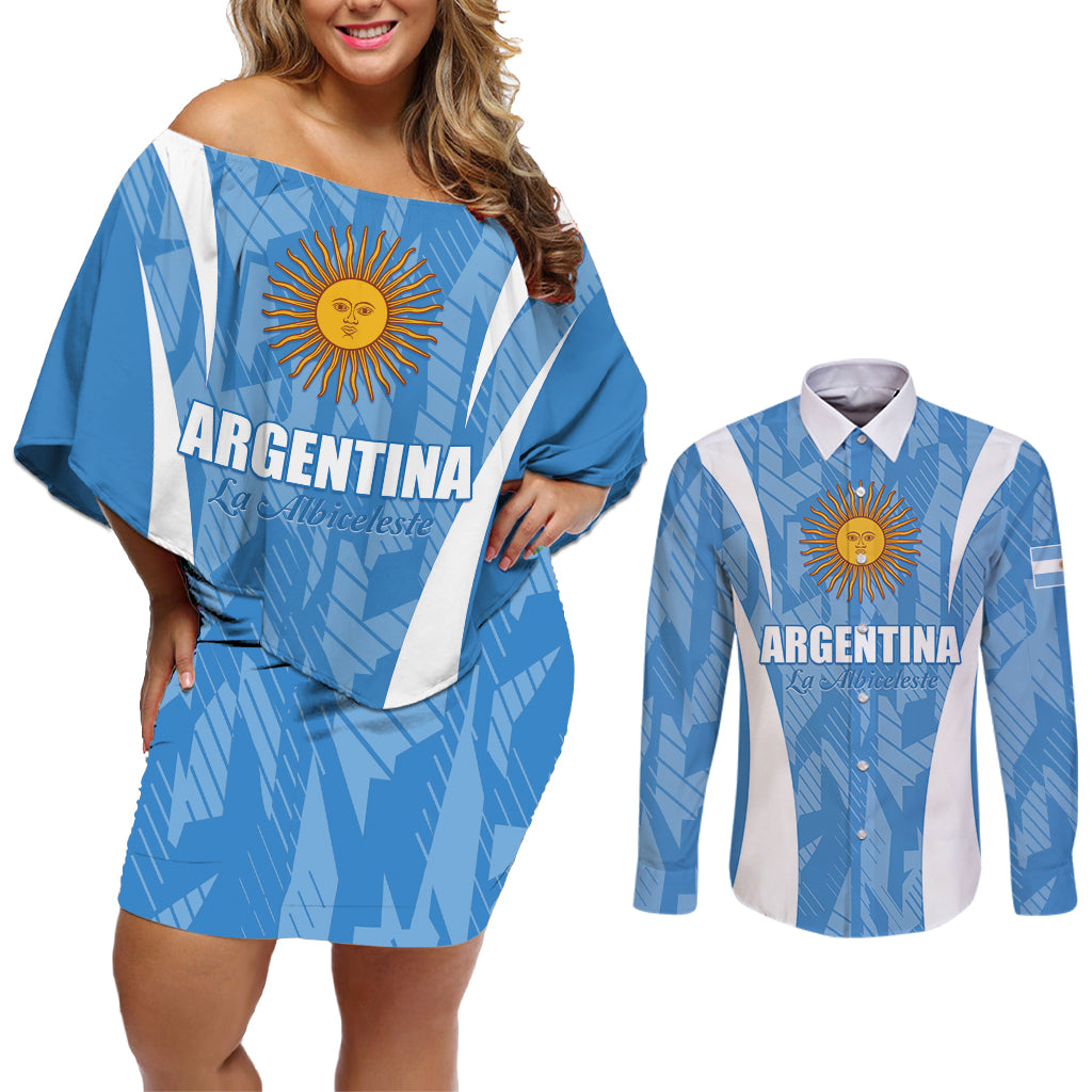 Personalized Argentina 2024 Couples Matching Off Shoulder Short Dress and Long Sleeve Button Shirt Vamos La Albiceleste Campeon
