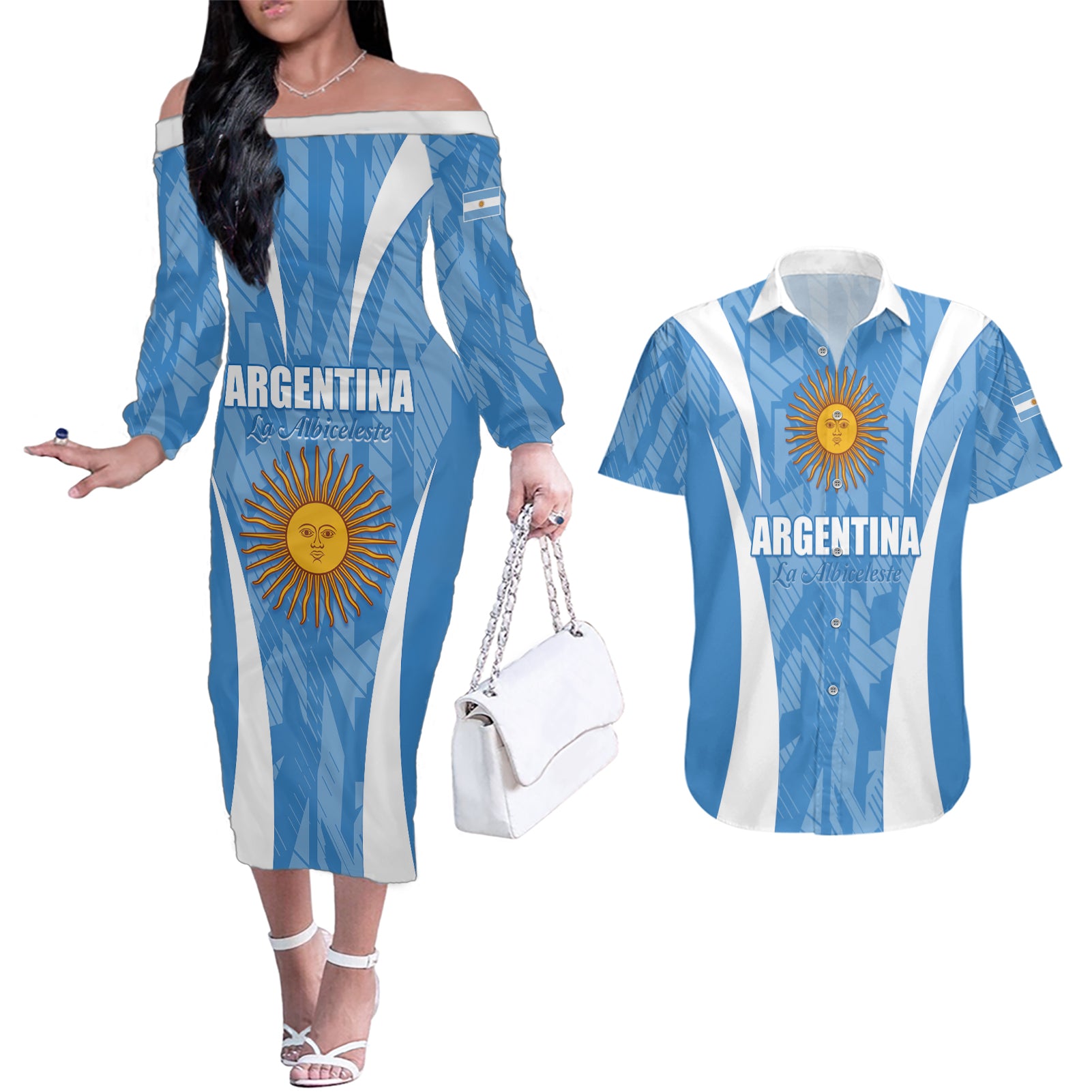 Personalized Argentina 2024 Couples Matching Off The Shoulder Long Sleeve Dress and Hawaiian Shirt Vamos La Albiceleste Campeon