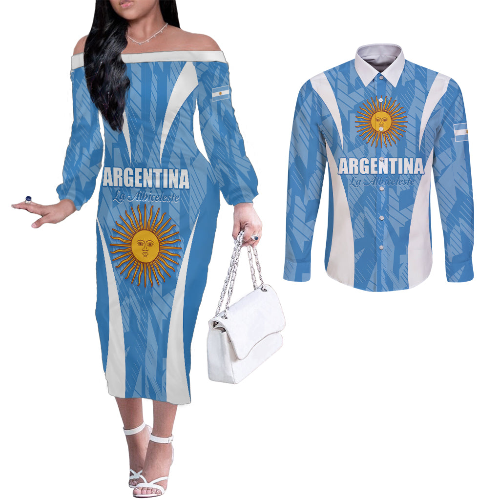 Personalized Argentina 2024 Couples Matching Off The Shoulder Long Sleeve Dress and Long Sleeve Button Shirt Vamos La Albiceleste Campeon
