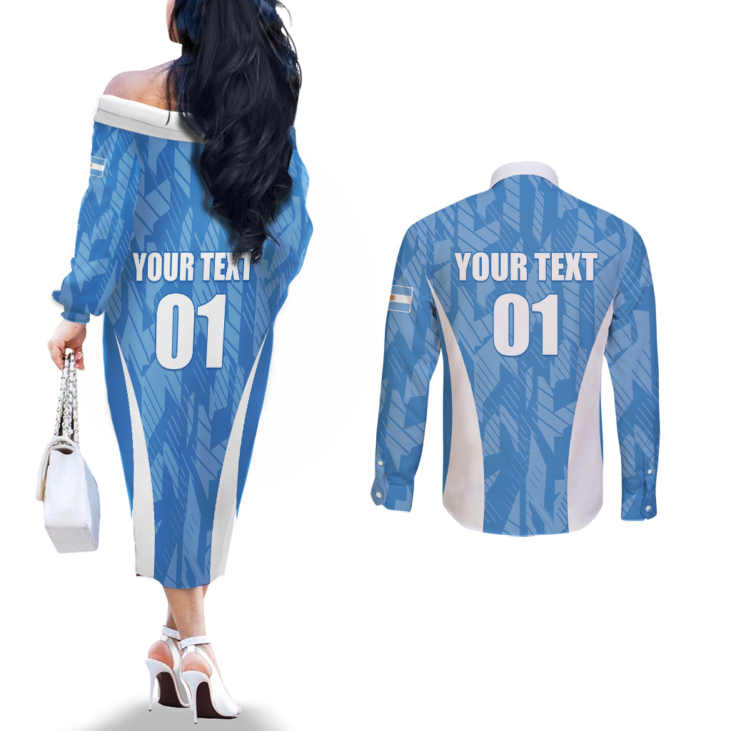 Personalized Argentina 2024 Couples Matching Off The Shoulder Long Sleeve Dress and Long Sleeve Button Shirt Vamos La Albiceleste Campeon