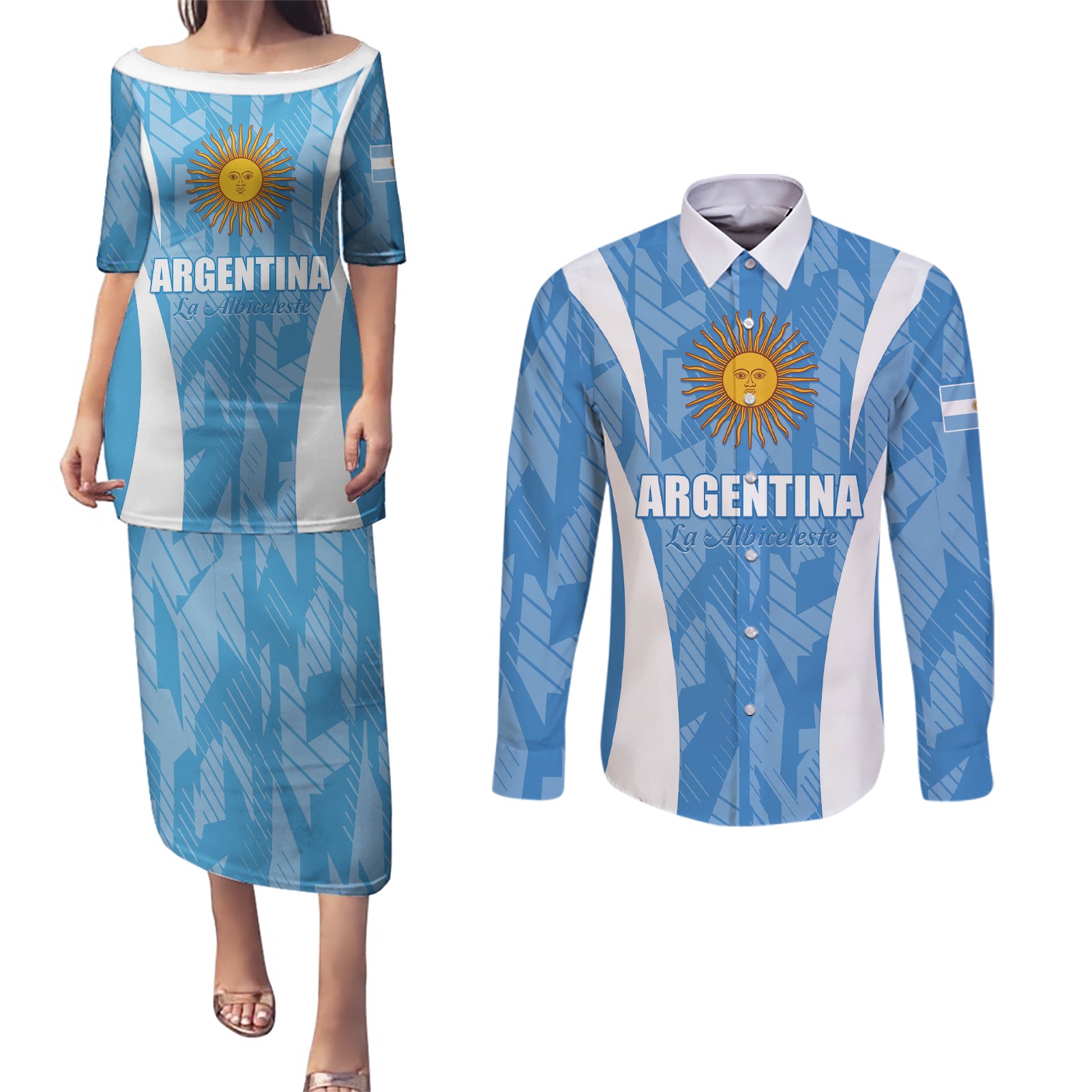 Personalized Argentina 2024 Couples Matching Puletasi and Long Sleeve Button Shirt Vamos La Albiceleste Campeon