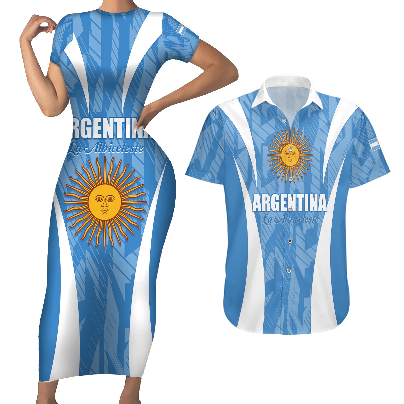 Personalized Argentina 2024 Couples Matching Short Sleeve Bodycon Dress and Hawaiian Shirt Vamos La Albiceleste Campeon
