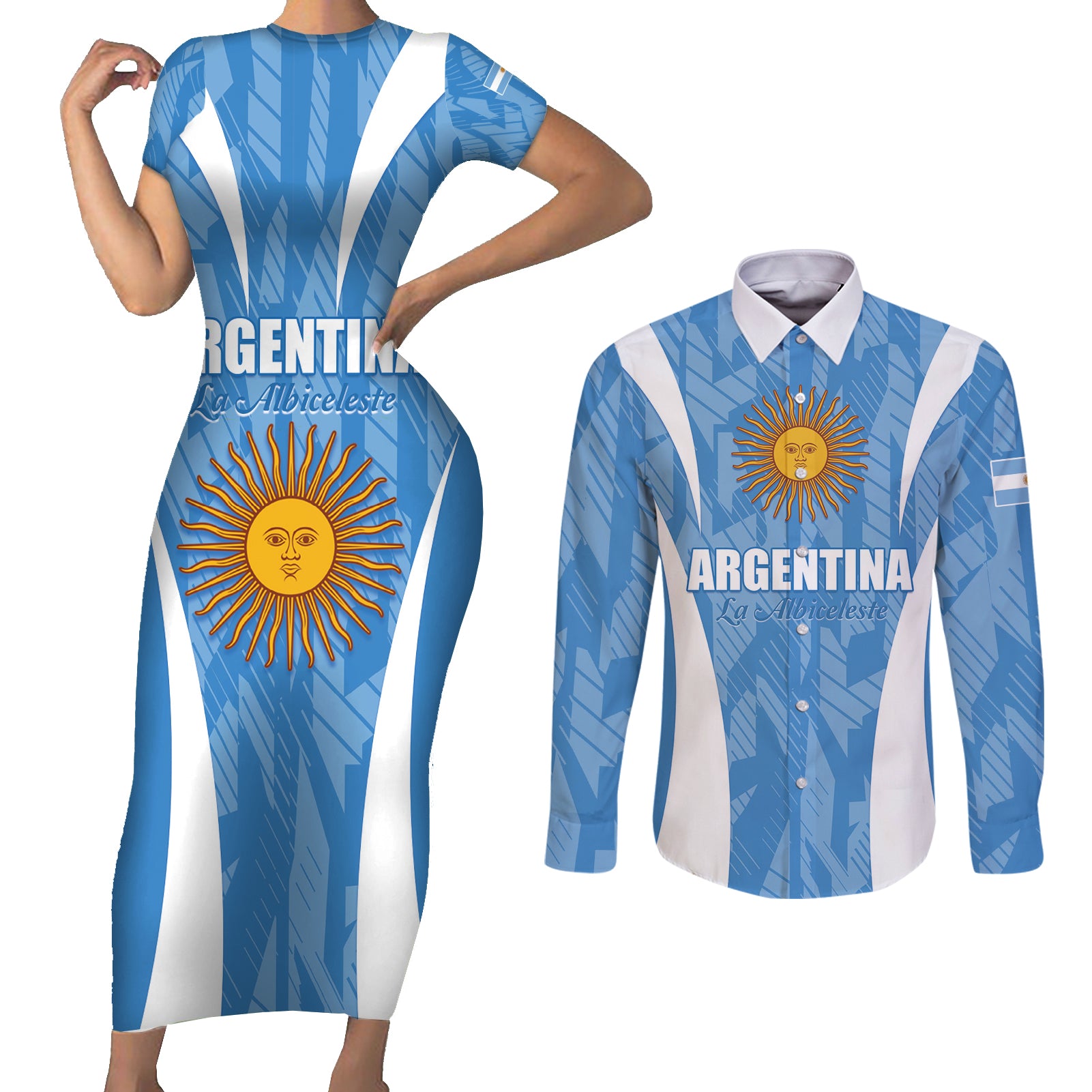 Personalized Argentina 2024 Couples Matching Short Sleeve Bodycon Dress and Long Sleeve Button Shirt Vamos La Albiceleste Campeon