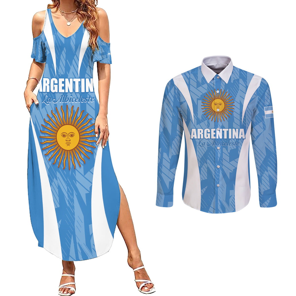 Personalized Argentina 2024 Couples Matching Summer Maxi Dress and Long Sleeve Button Shirt Vamos La Albiceleste Campeon