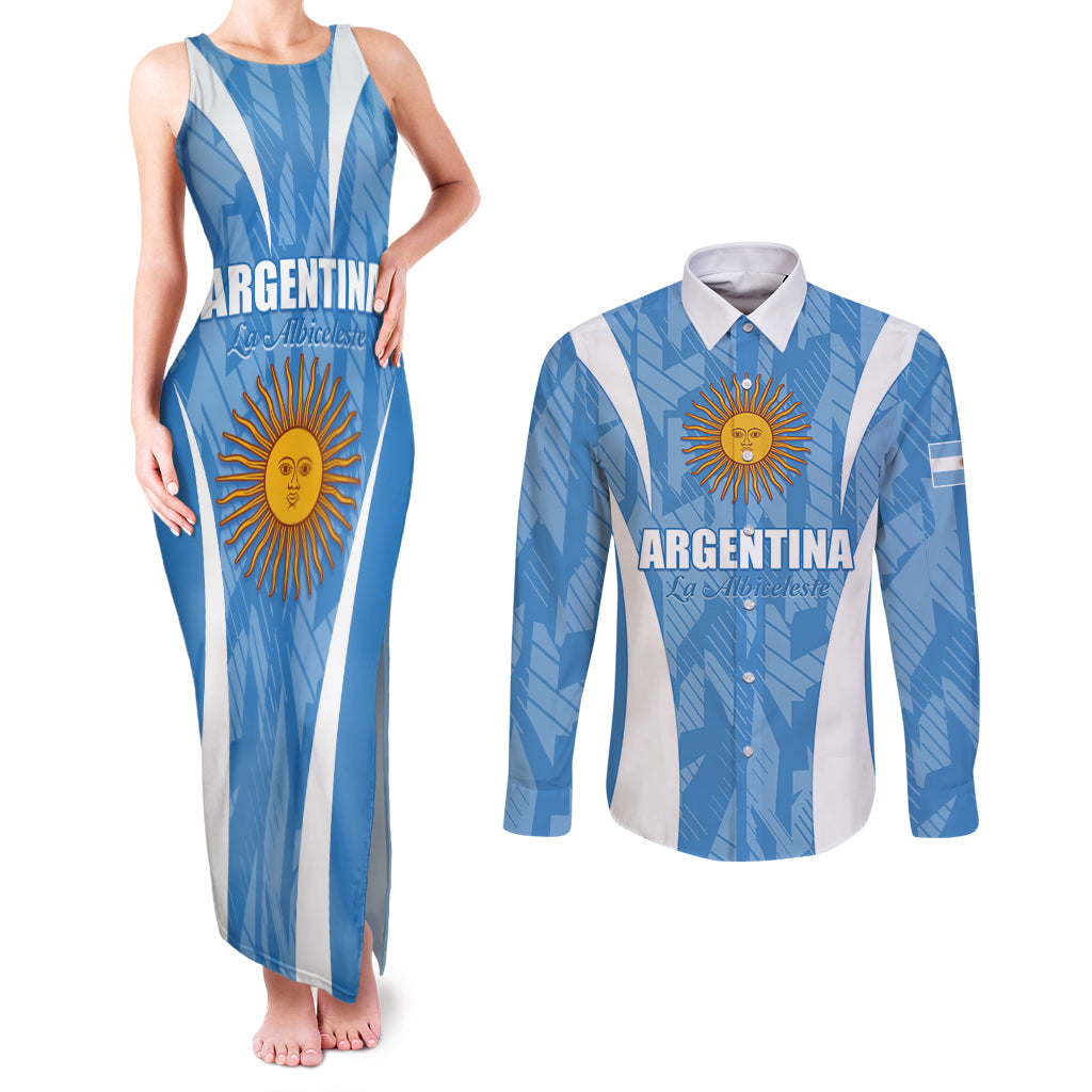 Personalized Argentina 2024 Couples Matching Tank Maxi Dress and Long Sleeve Button Shirt Vamos La Albiceleste Campeon - Wonder Print Shop