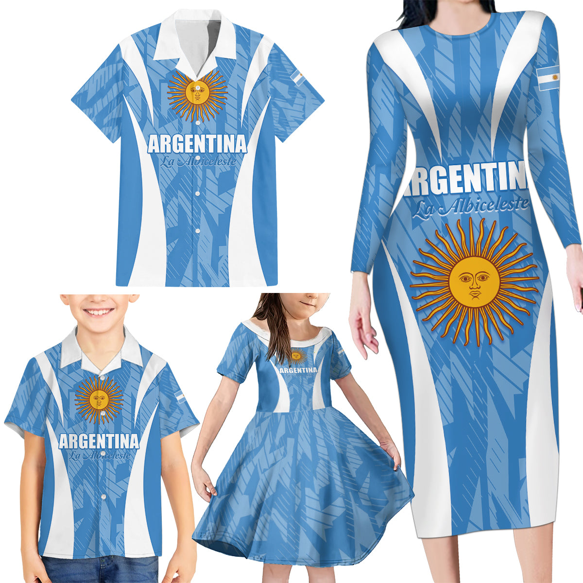 Personalized Argentina 2024 Family Matching Long Sleeve Bodycon Dress and Hawaiian Shirt Vamos La Albiceleste Campeon