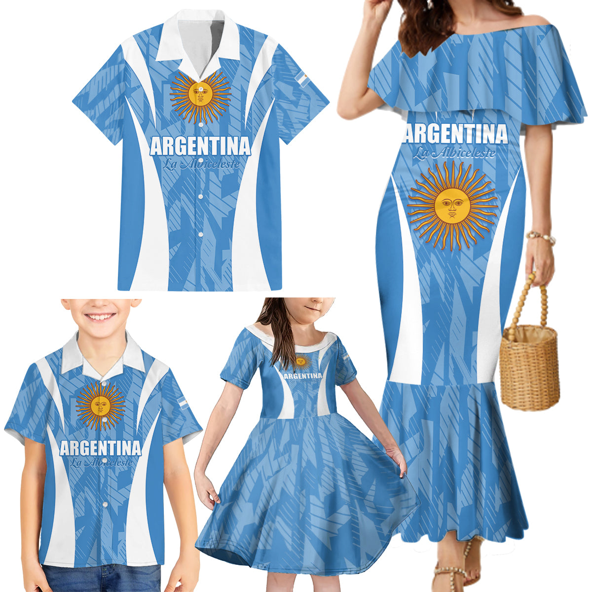 Personalized Argentina 2024 Family Matching Mermaid Dress and Hawaiian Shirt Vamos La Albiceleste Campeon