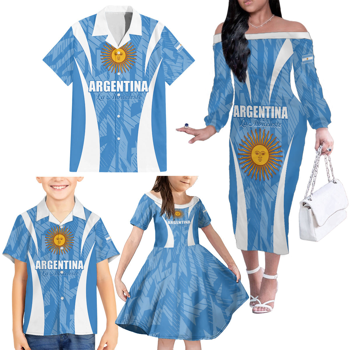 Personalized Argentina 2024 Family Matching Off The Shoulder Long Sleeve Dress and Hawaiian Shirt Vamos La Albiceleste Campeon - Wonder Print Shop