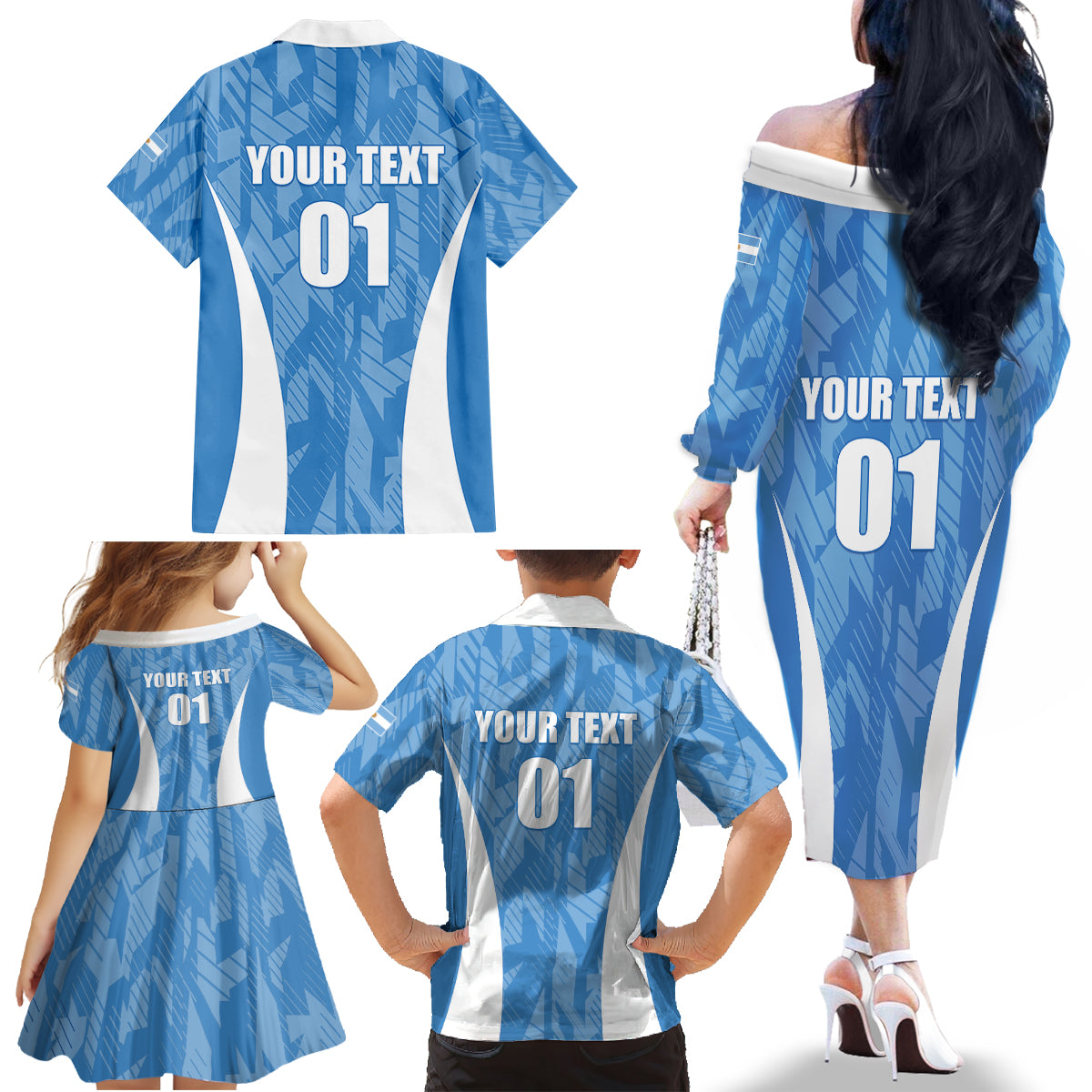 Personalized Argentina 2024 Family Matching Off The Shoulder Long Sleeve Dress and Hawaiian Shirt Vamos La Albiceleste Campeon - Wonder Print Shop