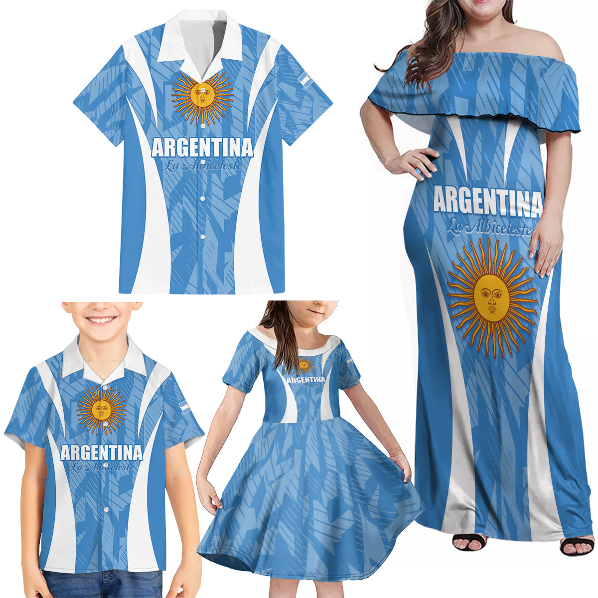 Personalized Argentina 2024 Family Matching Off Shoulder Maxi Dress and Hawaiian Shirt Vamos La Albiceleste Campeon