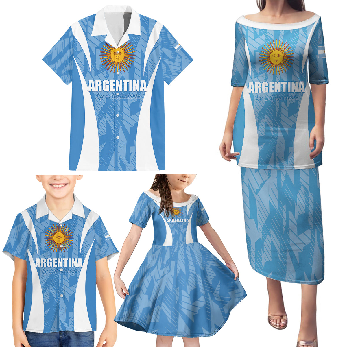 Personalized Argentina 2024 Family Matching Puletasi and Hawaiian Shirt Vamos La Albiceleste Campeon