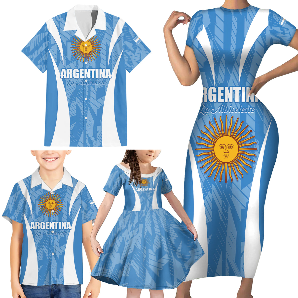 Personalized Argentina 2024 Family Matching Short Sleeve Bodycon Dress and Hawaiian Shirt Vamos La Albiceleste Campeon - Wonder Print Shop