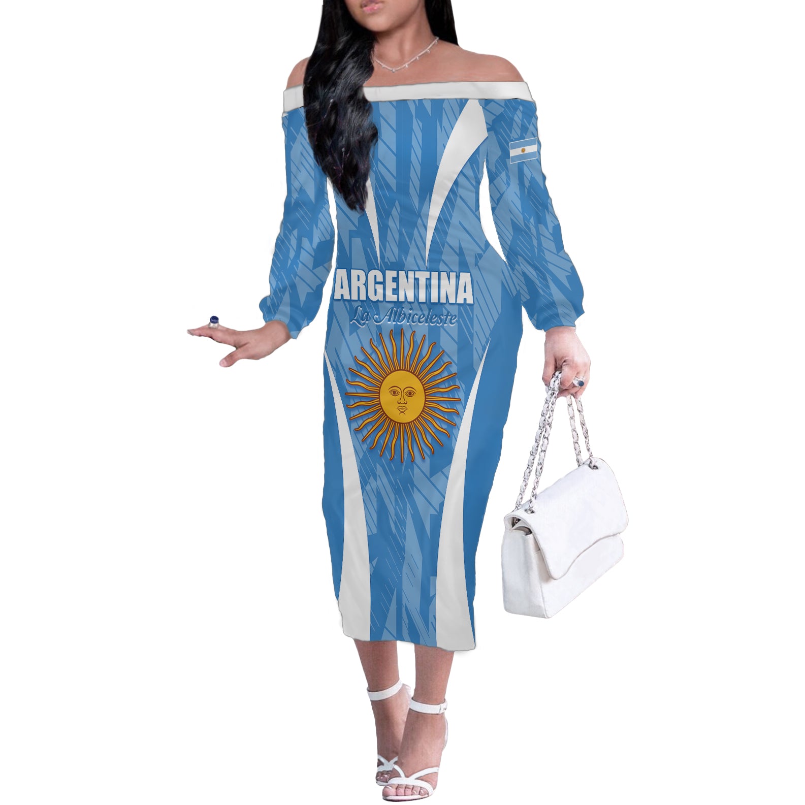 Personalized Argentina 2024 Off The Shoulder Long Sleeve Dress Vamos La Albiceleste Campeon