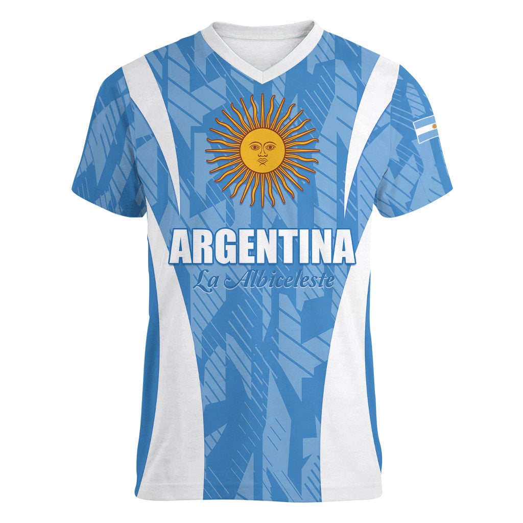Personalized Argentina 2024 Women V-Neck T-Shirt Vamos La Albiceleste Campeon
