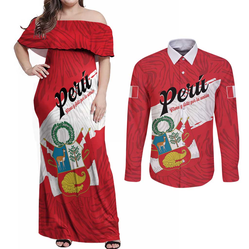 Personalized Peru Couples Matching Off Shoulder Maxi Dress and Long Sleeve Button Shirt Piruw Ripuwlika Flag Stylized