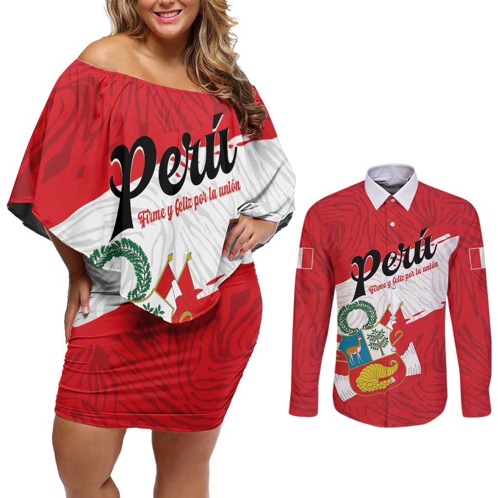 Personalized Peru Couples Matching Off Shoulder Short Dress and Long Sleeve Button Shirt Piruw Ripuwlika Flag Stylized