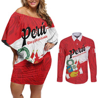 Personalized Peru Couples Matching Off Shoulder Short Dress and Long Sleeve Button Shirt Piruw Ripuwlika Flag Stylized