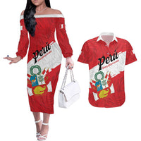 Personalized Peru Couples Matching Off The Shoulder Long Sleeve Dress and Hawaiian Shirt Piruw Ripuwlika Flag Stylized