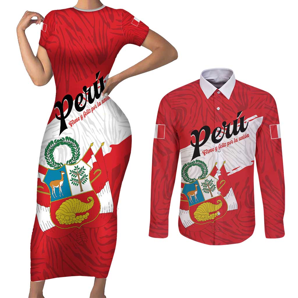 Personalized Peru Couples Matching Short Sleeve Bodycon Dress and Long Sleeve Button Shirt Piruw Ripuwlika Flag Stylized