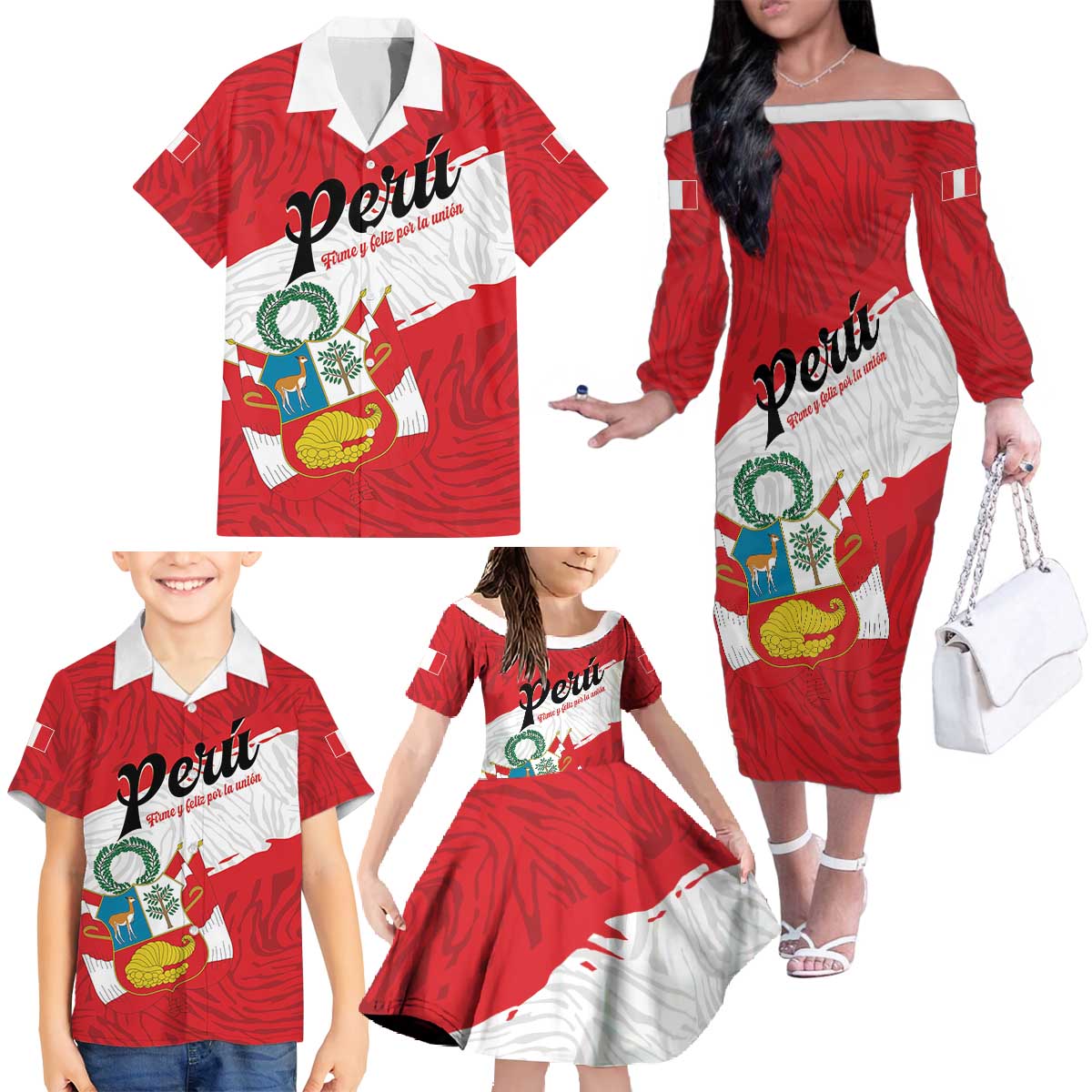 Personalized Peru Family Matching Off The Shoulder Long Sleeve Dress and Hawaiian Shirt Piruw Ripuwlika Flag Stylized