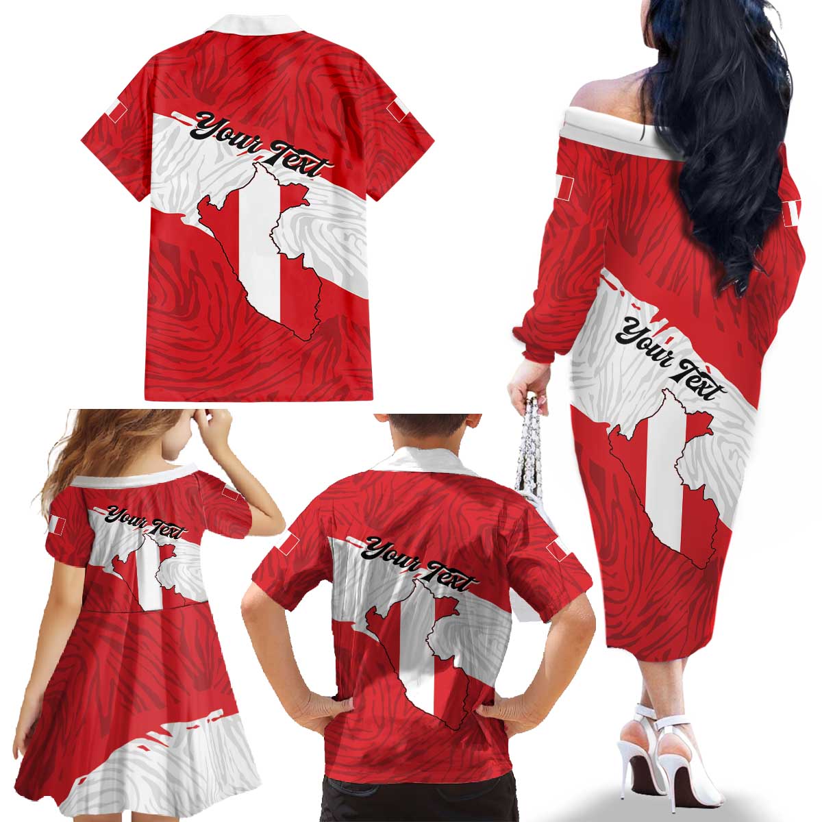 Personalized Peru Family Matching Off The Shoulder Long Sleeve Dress and Hawaiian Shirt Piruw Ripuwlika Flag Stylized