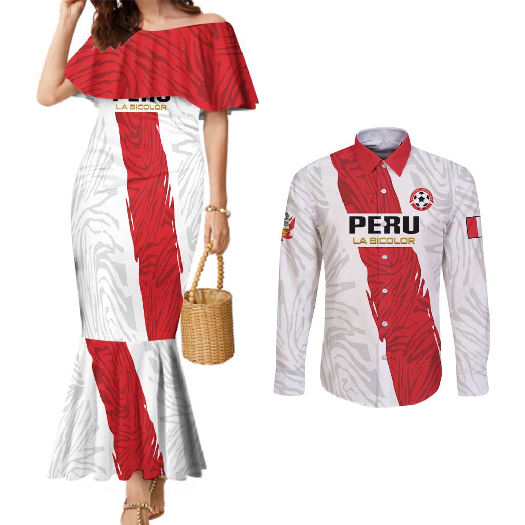 Custom Football Peru Couples Matching Mermaid Dress and Long Sleeve Button Shirt La Bicolor Go Champions