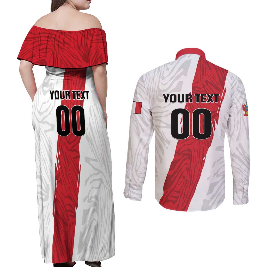 Custom Football Peru Couples Matching Off Shoulder Maxi Dress and Long Sleeve Button Shirt La Bicolor Go Champions