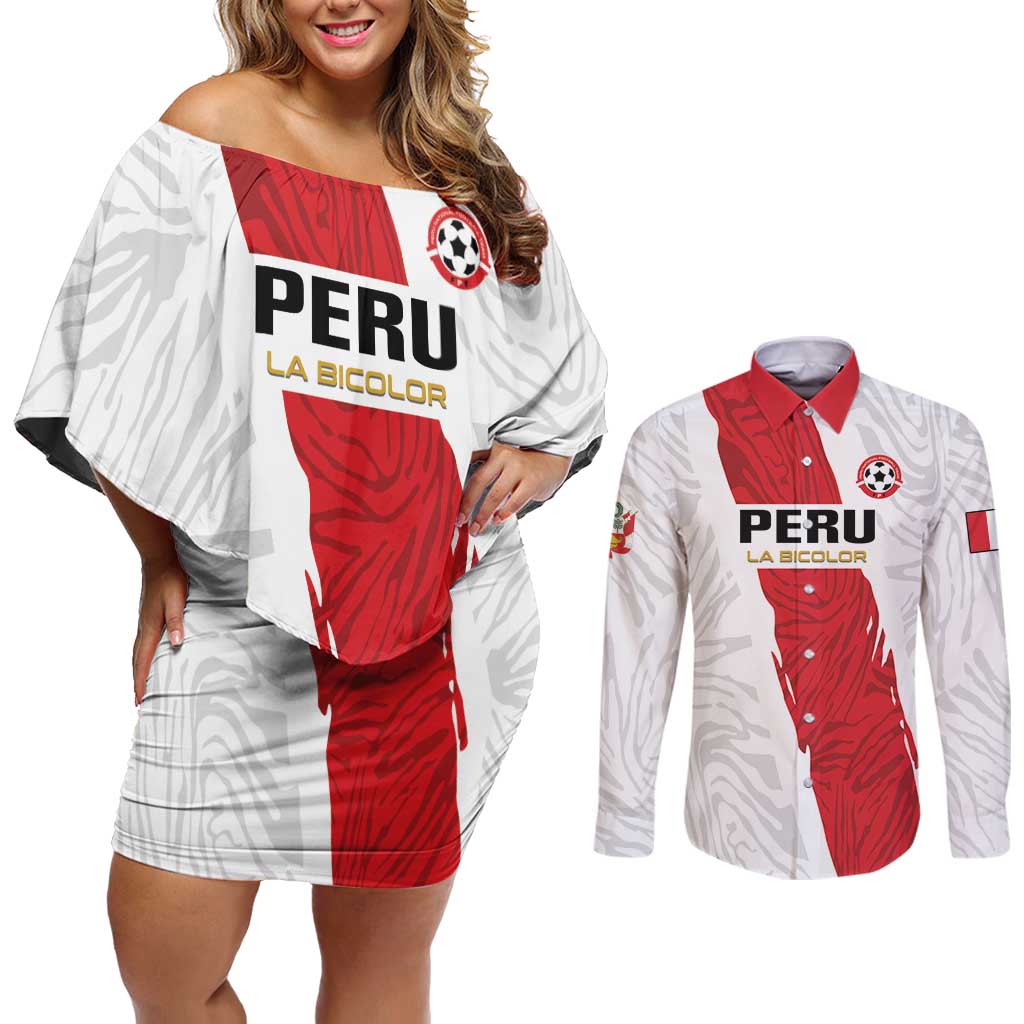 Custom Football Peru Couples Matching Off Shoulder Short Dress and Long Sleeve Button Shirt La Bicolor Go Champions