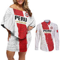 Custom Football Peru Couples Matching Off Shoulder Short Dress and Long Sleeve Button Shirt La Bicolor Go Champions