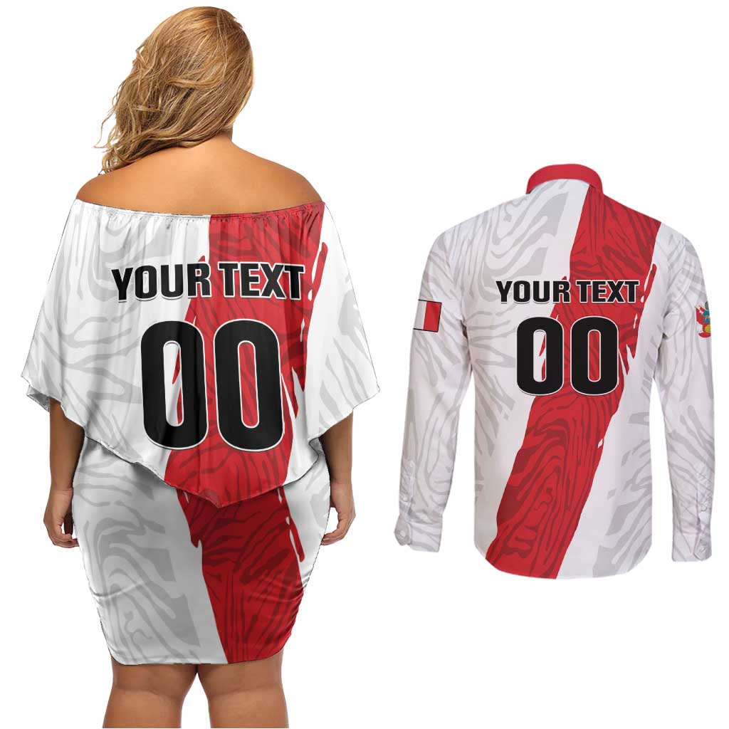 Custom Football Peru Couples Matching Off Shoulder Short Dress and Long Sleeve Button Shirt La Bicolor Go Champions