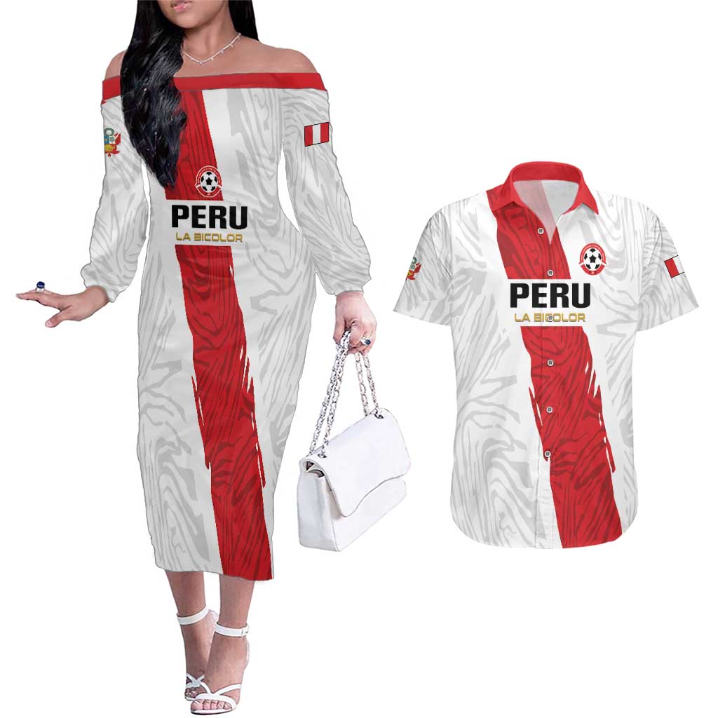 Custom Football Peru Couples Matching Off The Shoulder Long Sleeve Dress and Hawaiian Shirt La Bicolor Go Champions