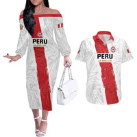 Custom Football Peru Couples Matching Off The Shoulder Long Sleeve Dress and Hawaiian Shirt La Bicolor Go Champions