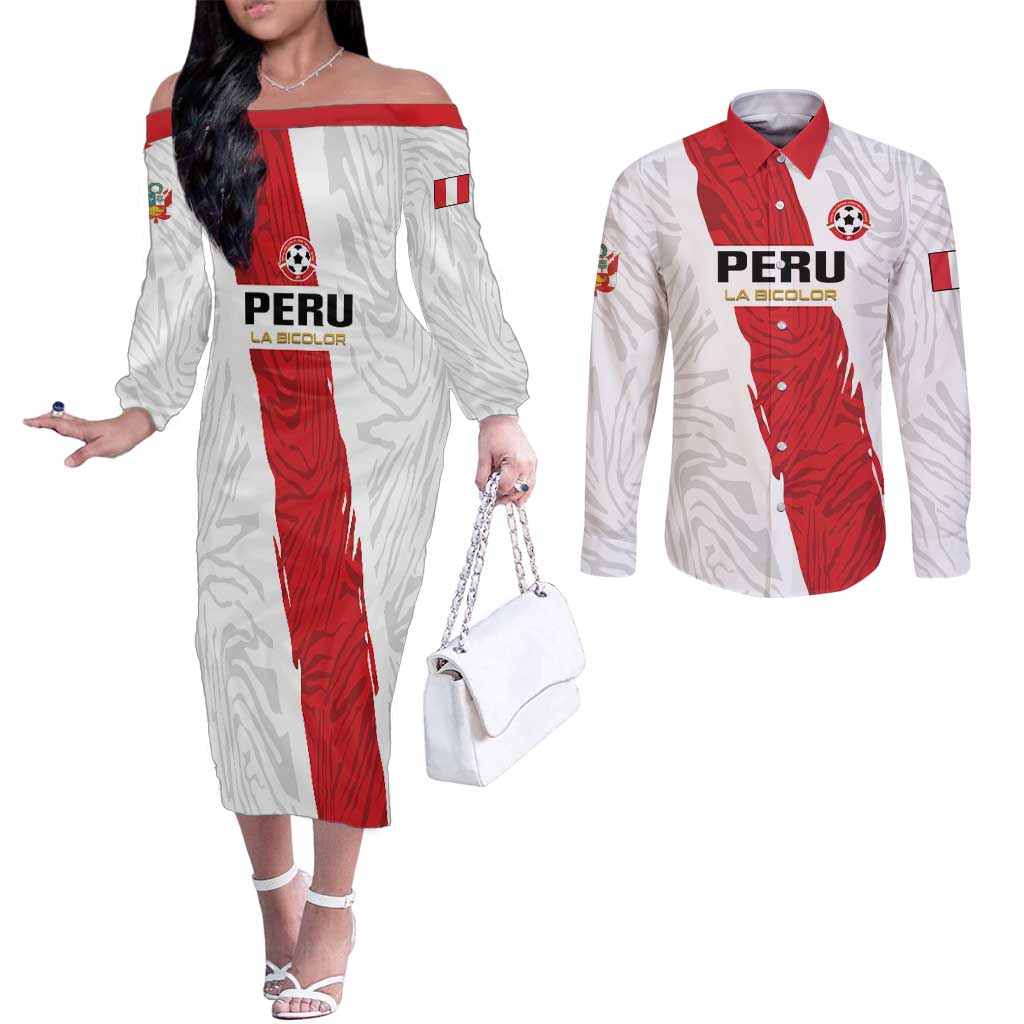 Custom Football Peru Couples Matching Off The Shoulder Long Sleeve Dress and Long Sleeve Button Shirt La Bicolor Go Champions