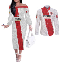 Custom Football Peru Couples Matching Off The Shoulder Long Sleeve Dress and Long Sleeve Button Shirt La Bicolor Go Champions