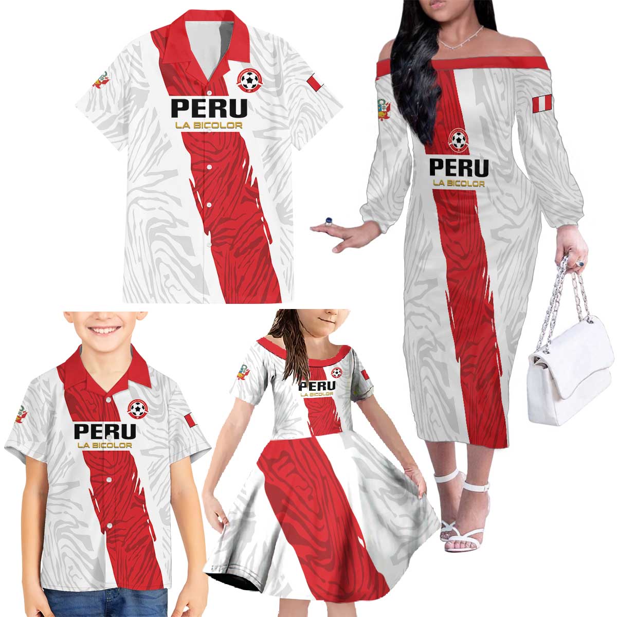 Custom Football Peru Family Matching Off The Shoulder Long Sleeve Dress and Hawaiian Shirt La Bicolor Go Champions