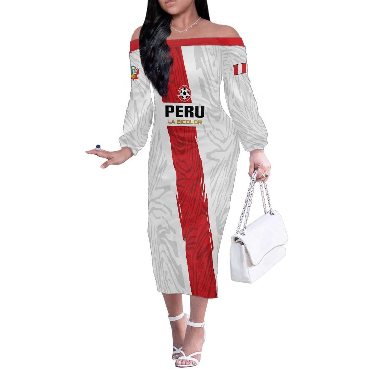 Custom Football Peru Family Matching Off The Shoulder Long Sleeve Dress and Hawaiian Shirt La Bicolor Go Champions