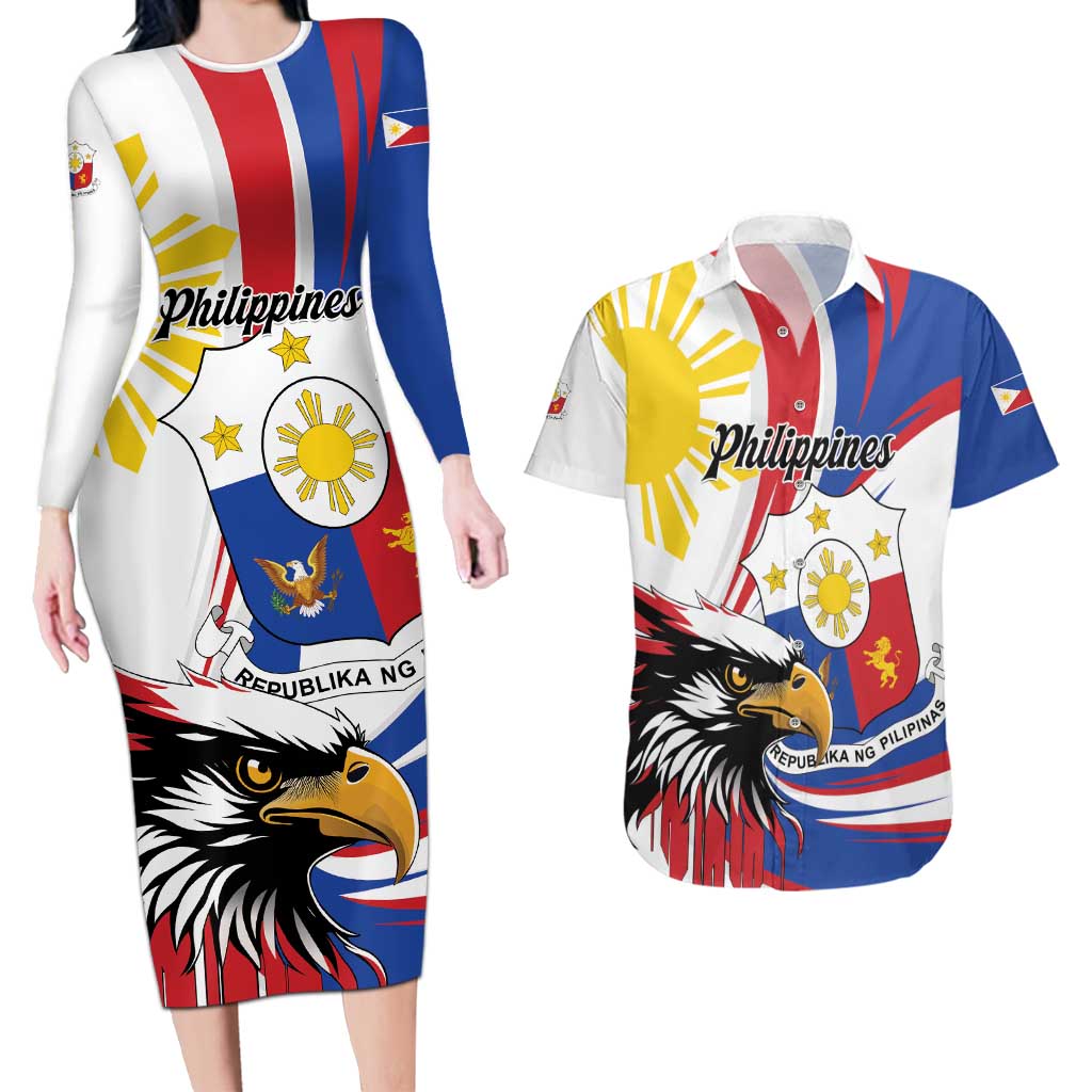 Personalized Philippines Eagle Couples Matching Long Sleeve Bodycon Dress and Hawaiian Shirt Republika ng Pilipinas