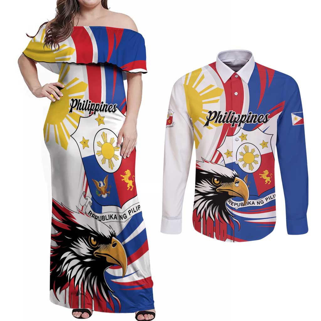 Personalized Philippines Eagle Couples Matching Off Shoulder Maxi Dress and Long Sleeve Button Shirt Republika ng Pilipinas