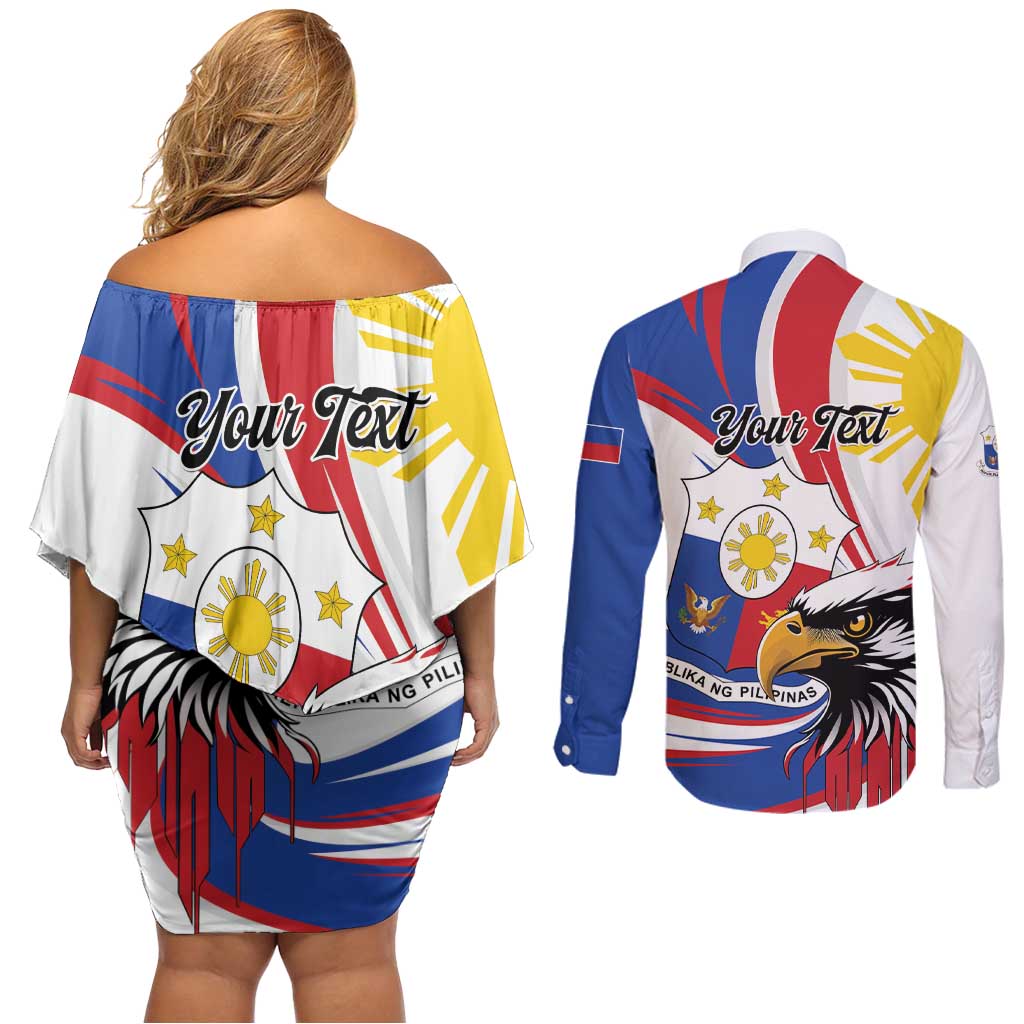 Personalized Philippines Eagle Couples Matching Off Shoulder Short Dress and Long Sleeve Button Shirt Republika ng Pilipinas