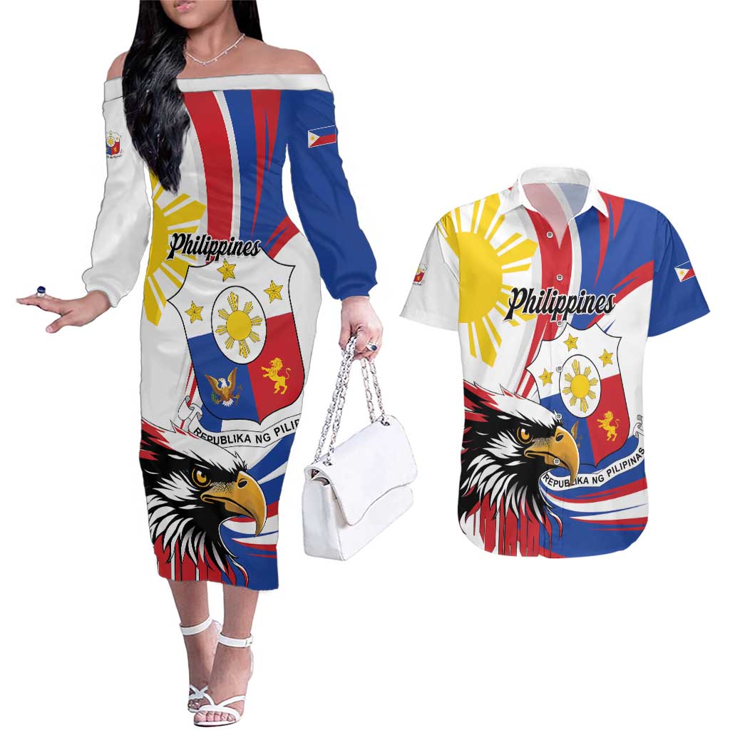 Personalized Philippines Eagle Couples Matching Off The Shoulder Long Sleeve Dress and Hawaiian Shirt Republika ng Pilipinas