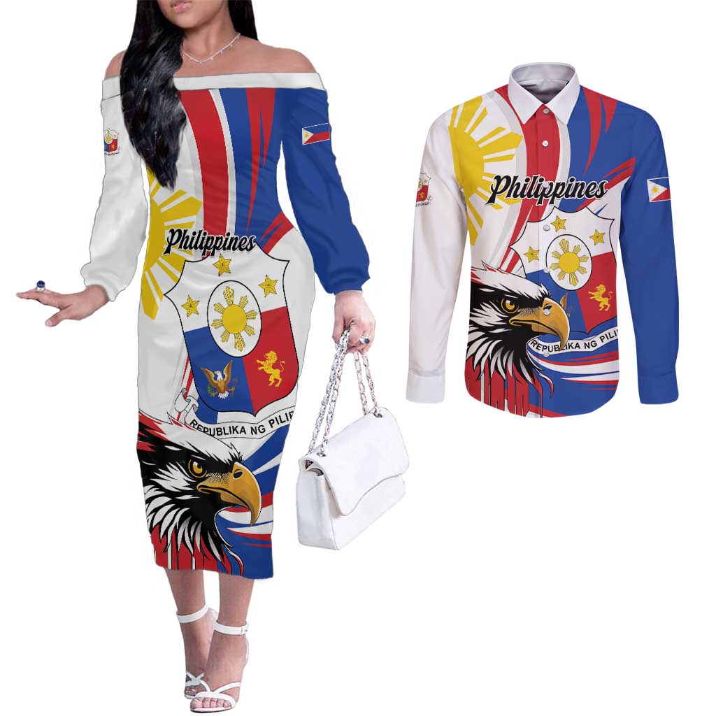 Personalized Philippines Eagle Couples Matching Off The Shoulder Long Sleeve Dress and Long Sleeve Button Shirt Republika ng Pilipinas