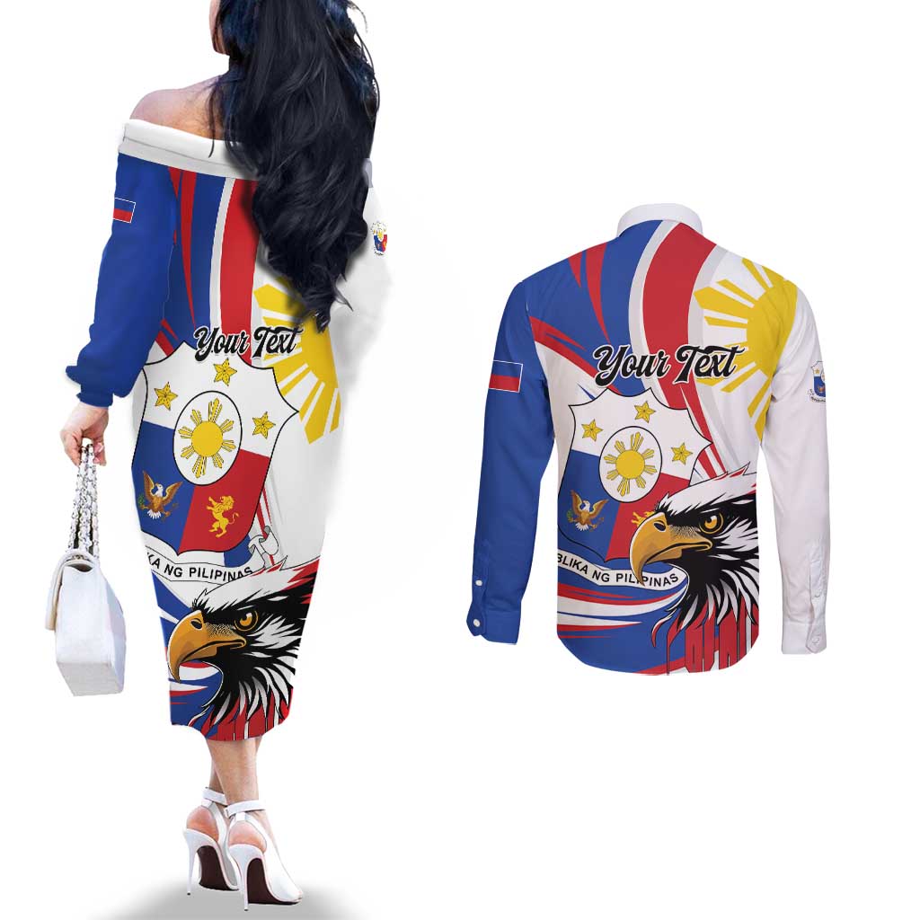 Personalized Philippines Eagle Couples Matching Off The Shoulder Long Sleeve Dress and Long Sleeve Button Shirt Republika ng Pilipinas