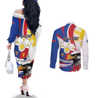 Personalized Philippines Eagle Couples Matching Off The Shoulder Long Sleeve Dress and Long Sleeve Button Shirt Republika ng Pilipinas