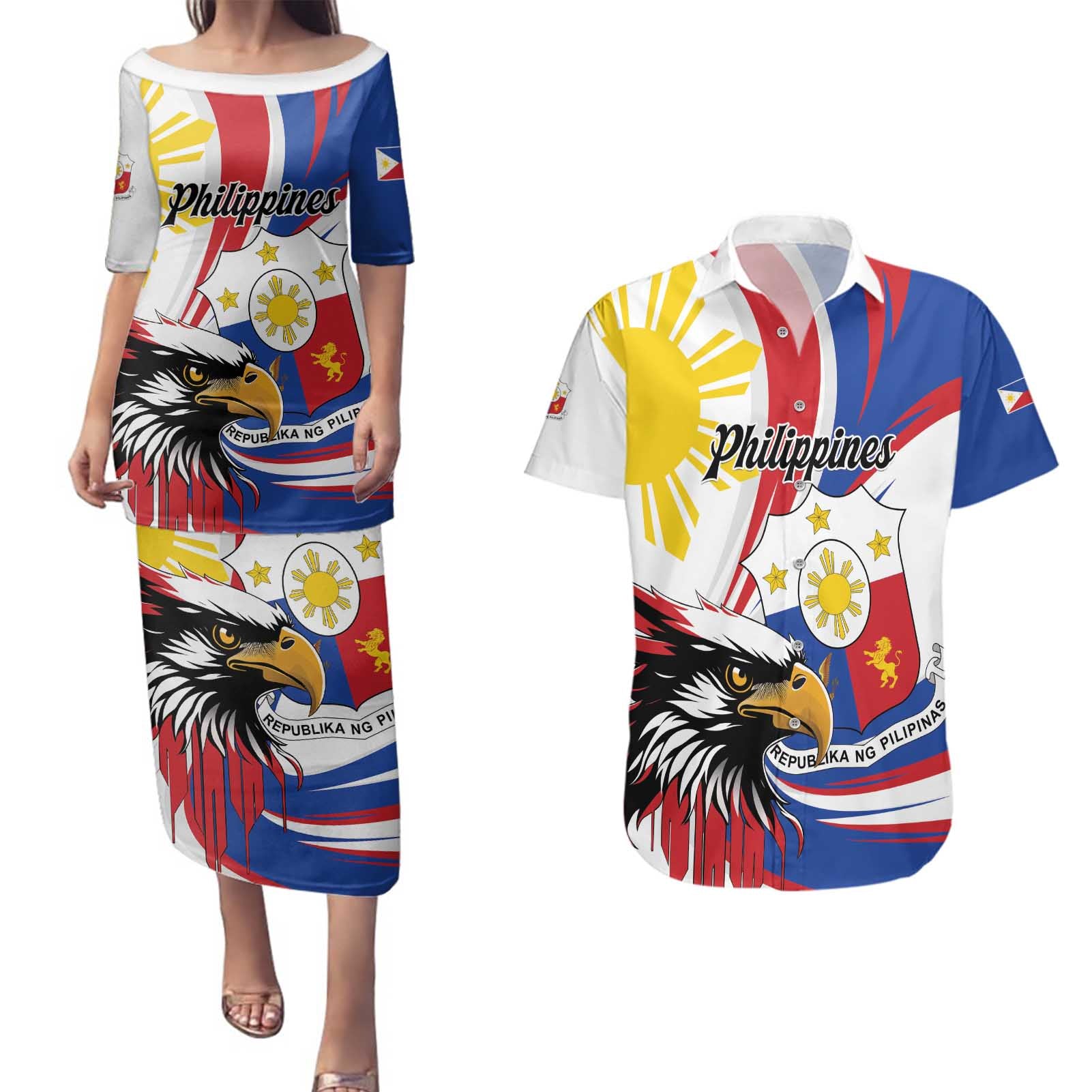 Personalized Philippines Eagle Couples Matching Puletasi and Hawaiian Shirt Republika ng Pilipinas