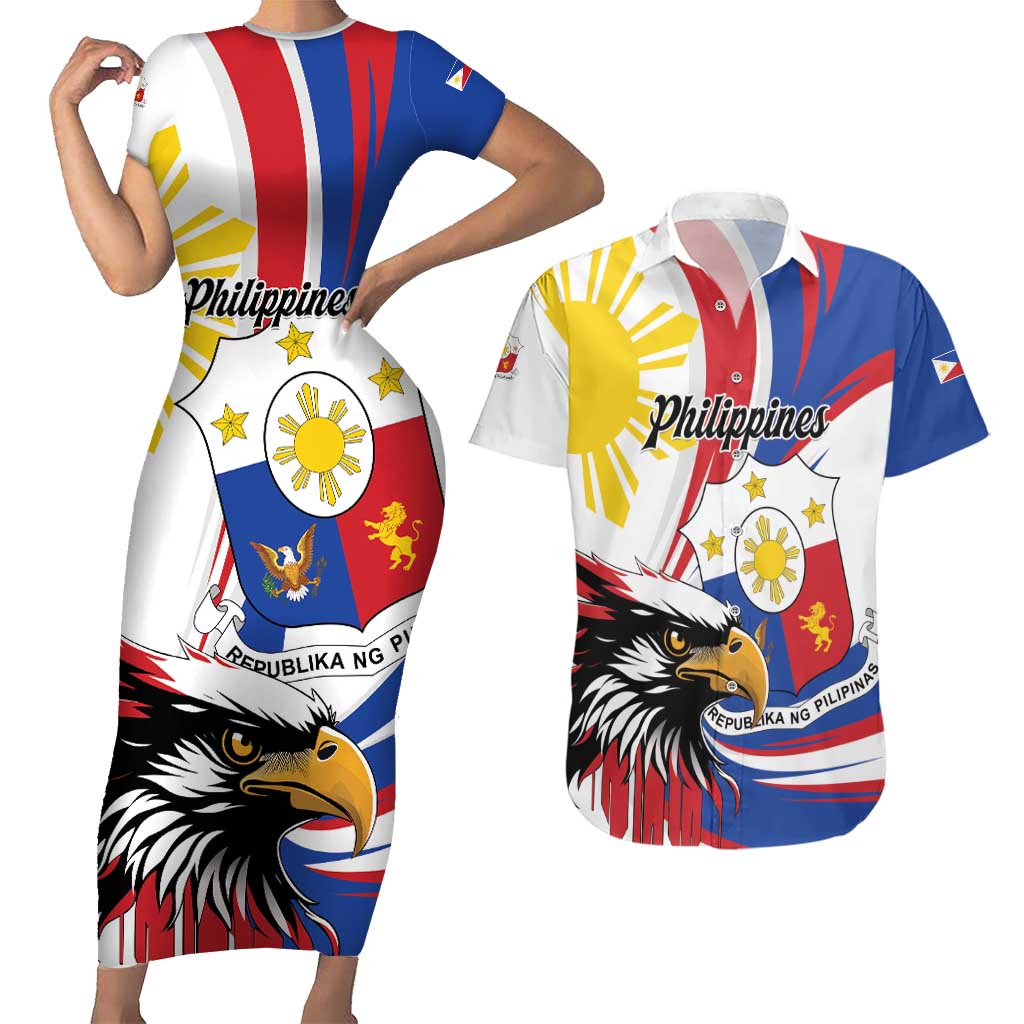 Personalized Philippines Eagle Couples Matching Short Sleeve Bodycon Dress and Hawaiian Shirt Republika ng Pilipinas