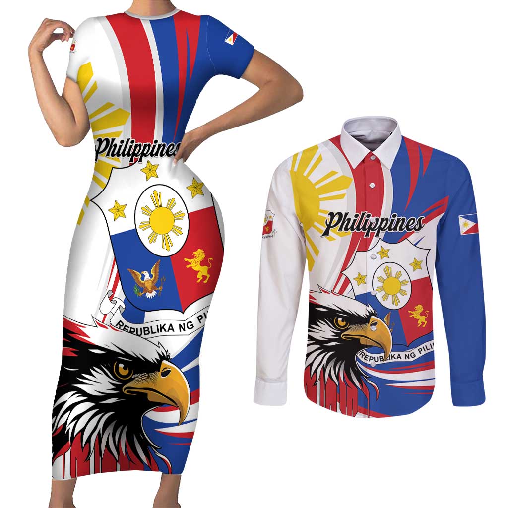 Personalized Philippines Eagle Couples Matching Short Sleeve Bodycon Dress and Long Sleeve Button Shirt Republika ng Pilipinas