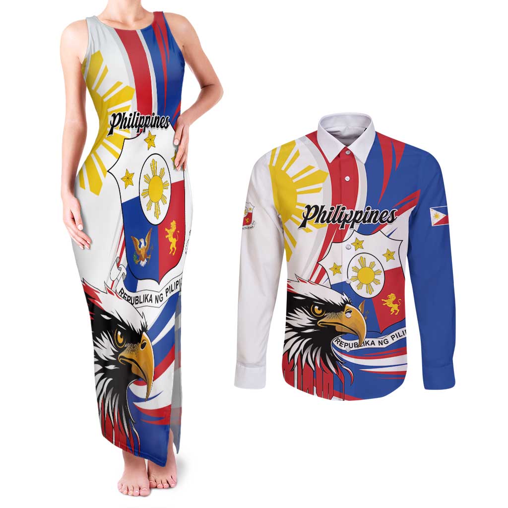 Personalized Philippines Eagle Couples Matching Tank Maxi Dress and Long Sleeve Button Shirt Republika ng Pilipinas