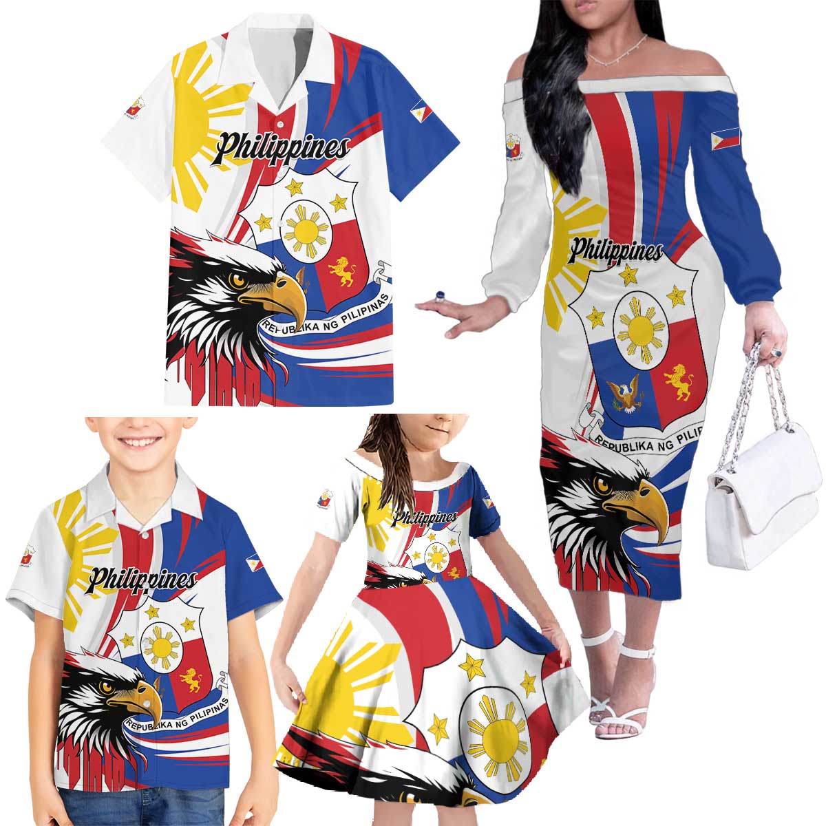 Personalized Philippines Eagle Family Matching Off The Shoulder Long Sleeve Dress and Hawaiian Shirt Republika ng Pilipinas